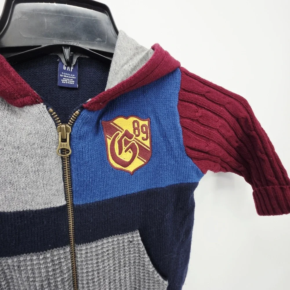 Baby Gap Toddler Colorblock Knit Hoodie Sweater Zipper Maroon Blue Gray 12-18 MO